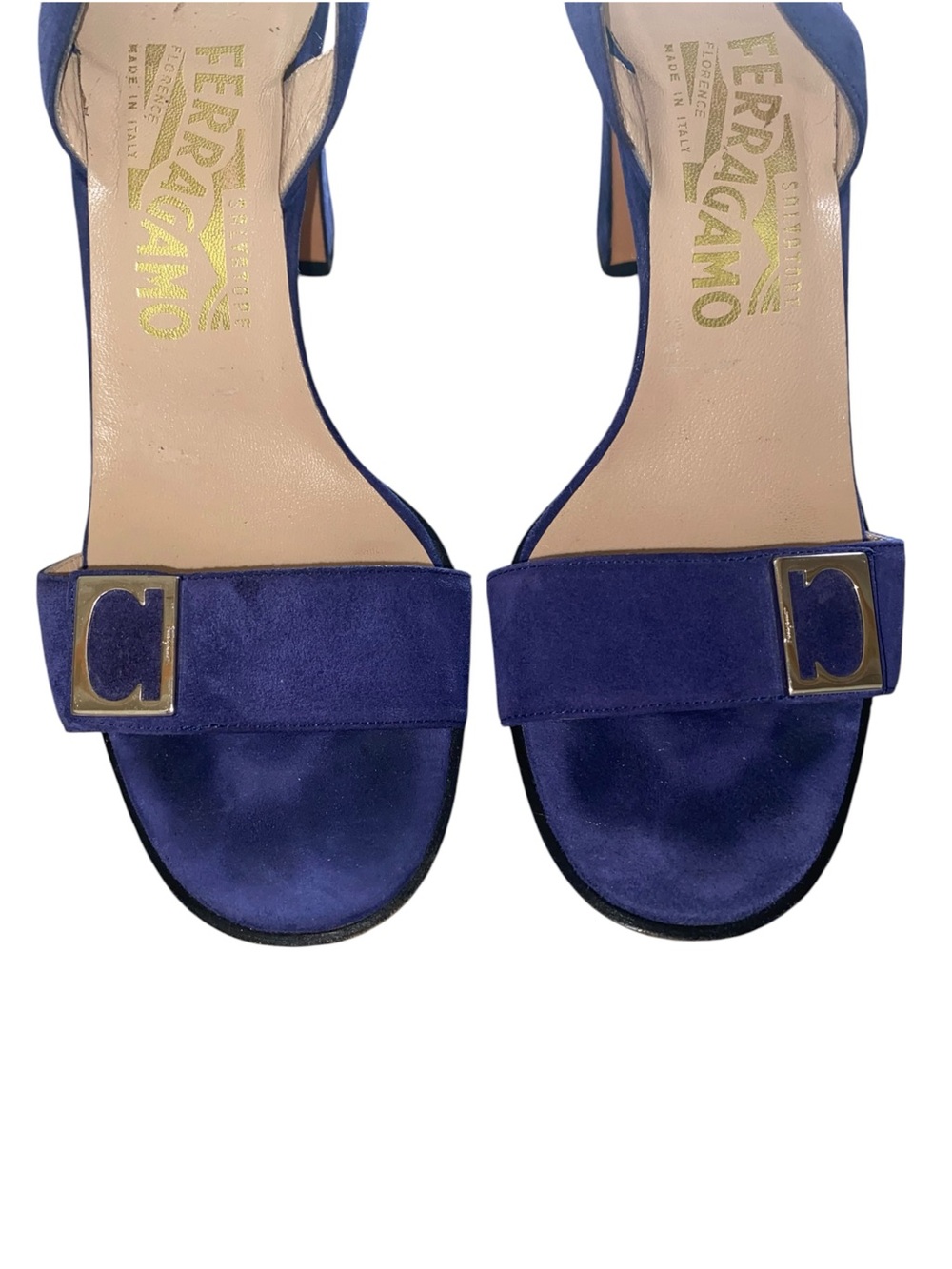 Vintage y2k Salvatore Ferragamo Blue Suede Slingback Block Heels Silver Buckle - Picture 15 of 16
